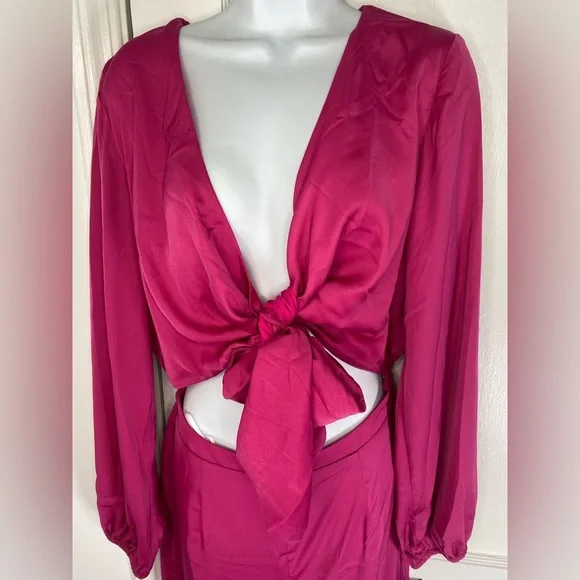 Lulu's NWT Trendsetting Direction Magenta Satin Tie Front Wide Leg Jumpsuit - Picture 6 of 11